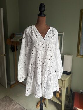H&M White Eyelet V-Neck Mini Dress